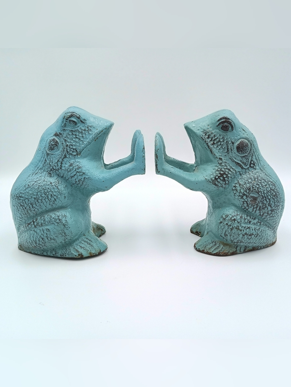 Vintage Seafoam Green Patina Cast Iron Frog Bookends Doorstops